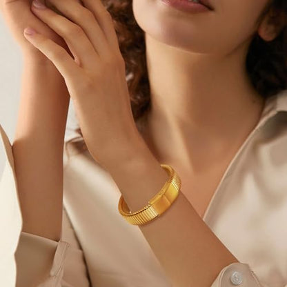 Gold Chunky Stretch Snake Chain Bangle Bracelets Stack for Women Trendy, 18K Gold Filled Stainless Steel Stretchy Womens Stackable Wristband Bangles Bracelet Set - style: 1PC 16MM
