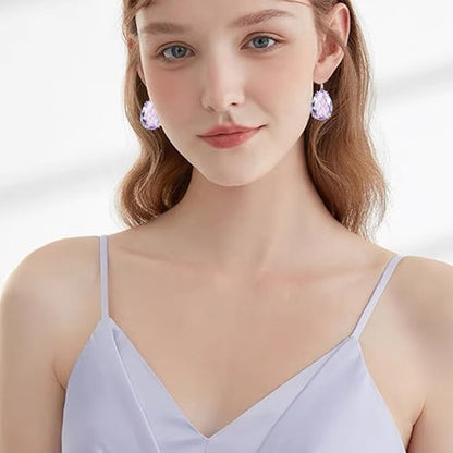 14K Gold Teardrop Crystal Leverback Earrings Sparkly Rhinestone Water Droplet Dangle Drop Earrings For Women - color: Light Purple