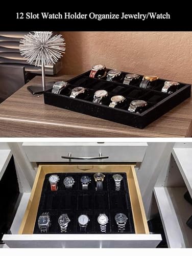 Jewelry Watch Tray, Black Velvet Watch Jewelry Organizer 12 Grid, Stackable Watch Bracelet Bangle Display Holder, Adjustable Pillows, for Man Woman Show Birthday - color: Black
