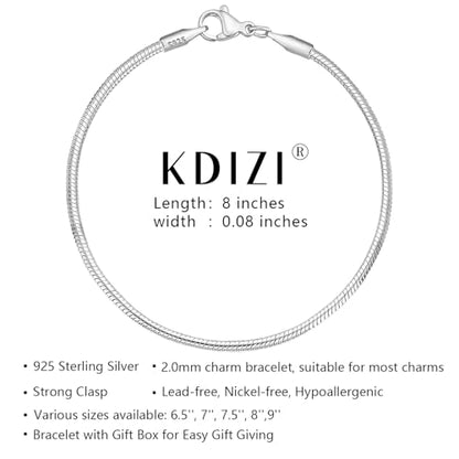 Charm Bracelet 925 Sterling Silver Bracelets for Women 2mm Dainty Snake Chain Bracelet Jewelry Gifts for Her - size: 8 inches
