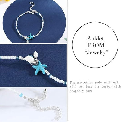 JEWEKY Boho Ankle Bracelets Blue Beach Beaded Anklets for Women