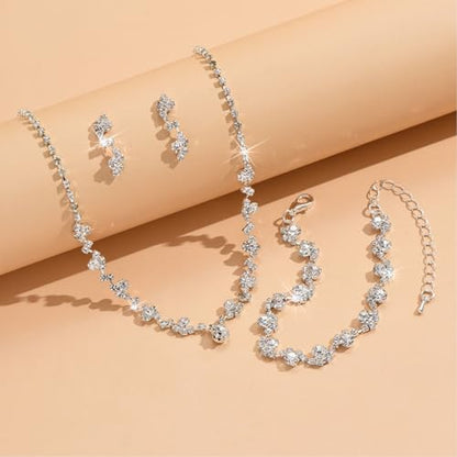 3PCS Silver Wedding Jewelry Set for Women Brides Rhinestone Necklace Earrings Bracelet Bridal Wedding Jewelry Sets for Bridesmaid Prom Costume Accessories Jewelry - color: 2#
