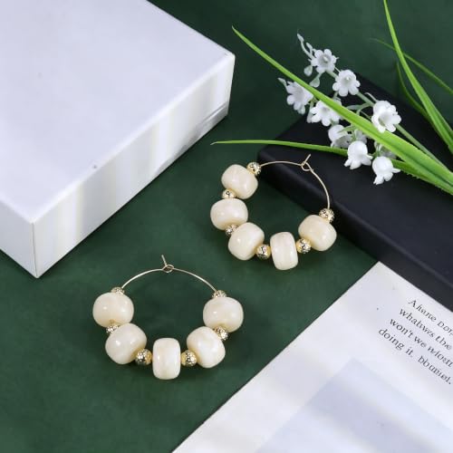 Colorful Beaded Earrings for Women Beaded Hoop Earrings | Chunky Acrylic Resin Boho Statement Drop Earrings Trendy Summer Beach Jewelry Accessories Gifts - color: White