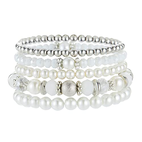 Noessla Beaded Pearl Stretch Bracelet Silver Stackable Crystal Beads Bracelets Trendy Costume Jewelry Mothers Day Gifts for Women - color: White