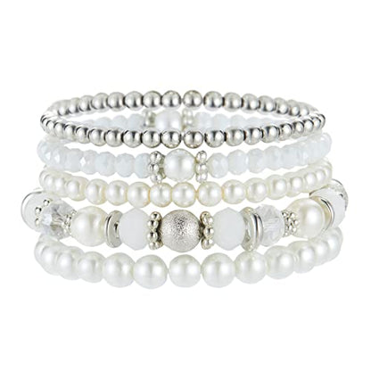 Noessla Beaded Pearl Stretch Bracelet Silver Stackable Crystal Beads Bracelets Trendy Costume Jewelry Mothers Day Gifts for Women - color: White