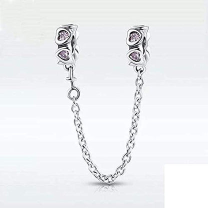 Heart Safety Chain Charms 925 Sterling Silver Love Beads fit Bracelet & Necklace - color: Pink