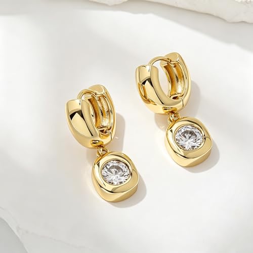 SHERLOVE Chunky Statement Gold Dangle Earrings Women Bezel Cubic Zirconia | 14K Gold Plated Huggie Hoop Drop,Dainty Trendy Elegant Fancy Formal,Hypoallergenic Lightweight Non tarnish,Statement Jewelry - color: Chunky Dangle Round Gold