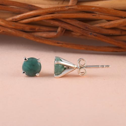 5 MM Natural Gemstone 925 Sterling Silver Hypoallergenic Studs Earrings Jewelry for Women Dainty Trendy Antiqued Silver Birthstone Earrings Jewelry Gifts for Women and Her - color: 6MM Emerlad
