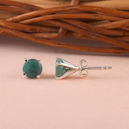 5 MM Natural Gemstone 925 Sterling Silver Hypoallergenic Studs Earrings Jewelry for Women Dainty Trendy Antiqued Silver Birthstone Earrings Jewelry Gifts for Women and Her - color: 6MM Emerlad