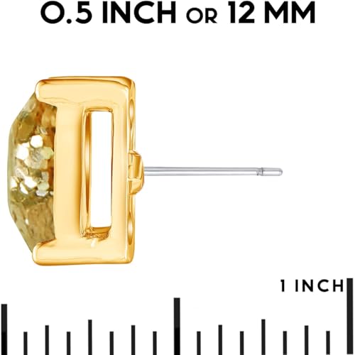 Large Square Stud Earrings for Women - Big Sparkly Rhinestone Studs | Plated in Gold Tone or Silver Tone, Hypoallergenic and Safe for Sensitive Ears - color: Gold Glitter