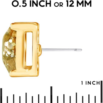Large Square Stud Earrings for Women - Big Sparkly Rhinestone Studs | Plated in Gold Tone or Silver Tone, Hypoallergenic and Safe for Sensitive Ears - color: Gold Glitter