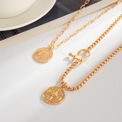 Gold Layered Necklace for Women Chunky Stacked Chain Link Paperclip Evil Eye Necklace Trendy Punk Jewelry - color: GoldA