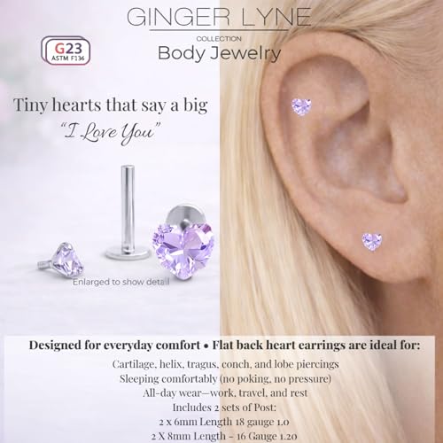Titanium Heart CZ Labret Stud Earrings for Piercings by Ginger Lyne 6Pc Set G23 Screw Front Flat Back Body Jewelry 2 pair post 6mm, 8mm Cartilage, Helix, Tragus, Lip, Conch, Lobe - color: 5mm-LtPurple