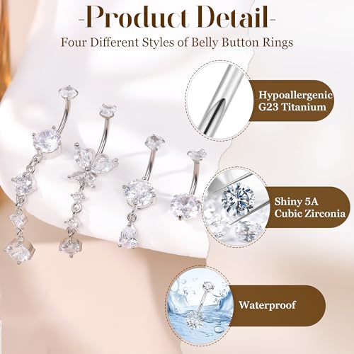 14G G23 Titanium Dangle Belly Button Ring for Women Dangling Belly Rings CZ Butterfly Teardrop Navel Rings Internally Threaded Curved Barbell Navel Piercing Jewelry - color: Silver-1