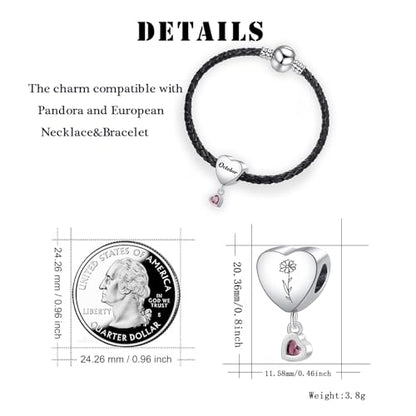 Birth Flower Heart Charm 12 Birthstone Bead for European Bracelet Necklace - style: October
