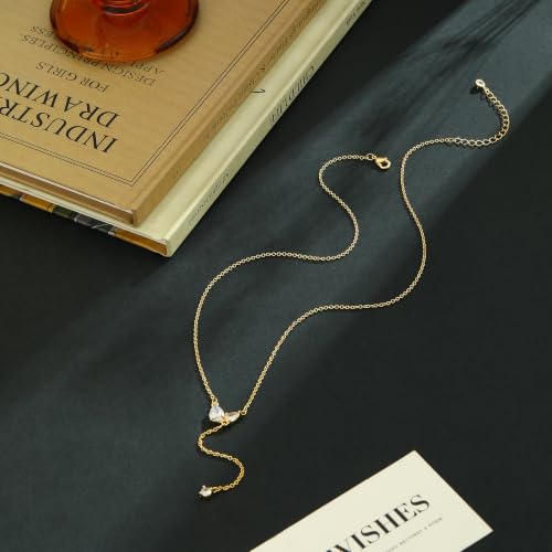 Lariat Gold Necklace for Women Dainty Long Necklaces 14k Gold Plated CZ Y Drop Chain Necklace Trendy Gold Jewelry Gifts - color: 2 Teardrop Zircons-Y Necklace-gold-428