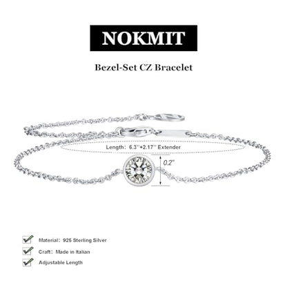 Solid 925 Sterling Silver Bracelets for Women, Dainty Interlocking Circles Cubic Zirconia Adjustable Chain Bracelet, Trendy Stackable Link Bracelets, Simple Cute Jewelry Gifts - color: Silver Bezel-Set CZ