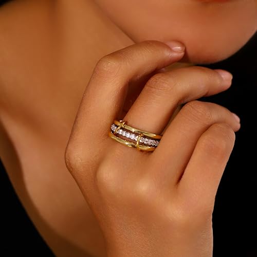 14K Gold Plated Interlocked Stackable Rings for Women Non Tarnish,Gold and Silver Cubic Zirconia Statement Rings Set,Mixed Metals Ring Two-Toned Connected Bands Stacking Jewelry - color: 3pcs rings-gold & silver