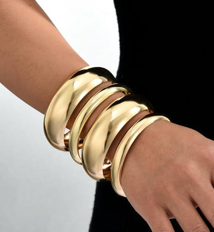 Chunky Gold Bangle Bracelets for Women, Dainty 14k Gold Plated Big Stackable Bangles Set, Trendy Statement Cuff Bracelet Stack Fashion Jewelry Gifts - style: 4 chunky gold bangles