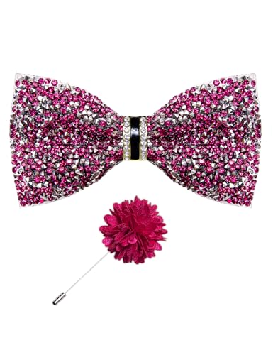 DiBanGu Mens Rhinestone Bow Tie with Ring and Lapel Pin Set | Adjustable Strap,Pre-tied Style,3PCS,Sequin Diamond Bowties，Solid/Mix Color,Shiny Accessory,for Party Prom Banquet Wedding - color: Hot Pink