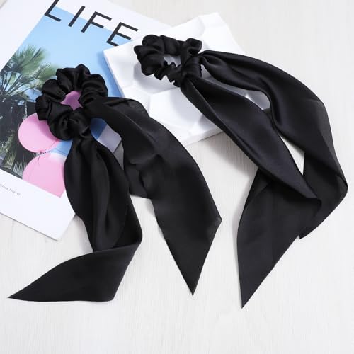 Mabor 2 Pcs Knotted Bow Satin Hair Scarf Scrunchies with Tail Hair Scrunchies Elastic Hair Scarf Ribbon Ponytail Holder for Women and Girls (Black)