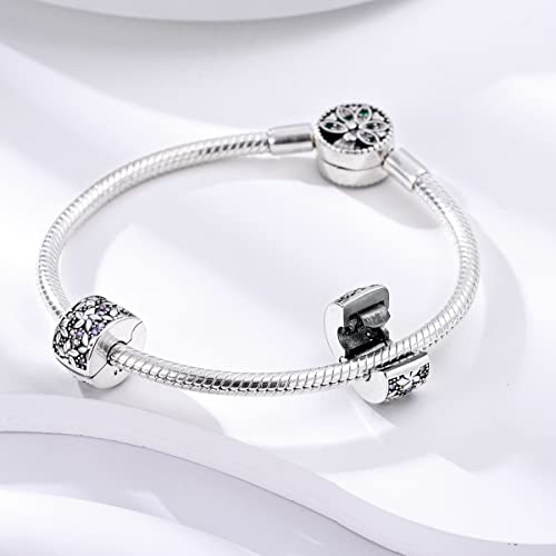 Parmuz Clip Spacer Charm for Bracelet 925 Sterling Silver Stopper Beads | Pave Lock Stopper Charm for Necklace Pink Daisy Butterfly Cubic Zirconia Openable Beads Jewelry Gift for Woman - color: 2pcs Purple flower clip charm