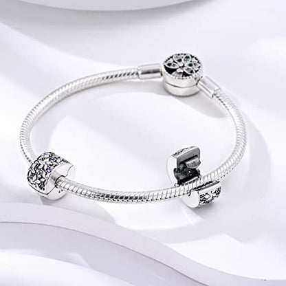 Parmuz Clip Spacer Charm for Bracelet 925 Sterling Silver Stopper Beads | Pave Lock Stopper Charm for Necklace Pink Daisy Butterfly Cubic Zirconia Openable Beads Jewelry Gift for Woman - color: 2pcs Purple flower clip charm