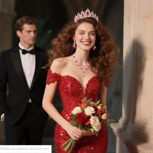 Kamirola Tiaras and Crowns for Women,Tiaras Earrings Necklace, Crystal Bridal Jewelry Set, Costume Party Halloween Prom Pageant Jewelry for Women(TR45) - color: Silver Red