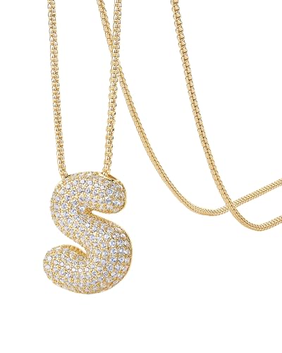 PAVOI 14K Gold Plated Cubic Zirconia Bubble Letter Initial Necklaces for Women | Gold Balloon Necklace Letter | Chunky Pendant Necklaces - style: -S