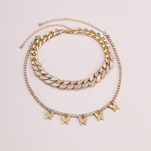 2Pcs Layered Hip Hop Shiny Rhinestone Bead Chunky Chain Butterfly Pendant Necklace Punk Crystal Cuban Link Chain Choker Collar Necklace for Women Party Birthday BarJewelry Gift - color: G gold-3