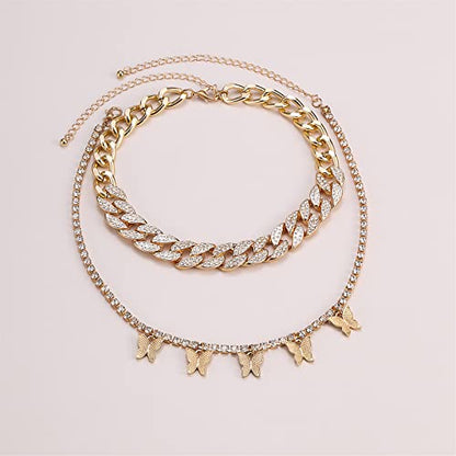 2Pcs Layered Hip Hop Shiny Rhinestone Bead Chunky Chain Butterfly Pendant Necklace Punk Crystal Cuban Link Chain Choker Collar Necklace for Women Party Birthday BarJewelry Gift - color: G gold-3