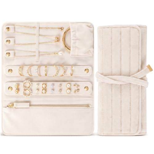 Tondiamo 1 Pcs Velvet Jewelry Roll Luxury Travel Jewelry Case for Ring Necklace Earring Bracelet Storage Bag Women Bridesmaid Gift (Cream White) - color: Cream White