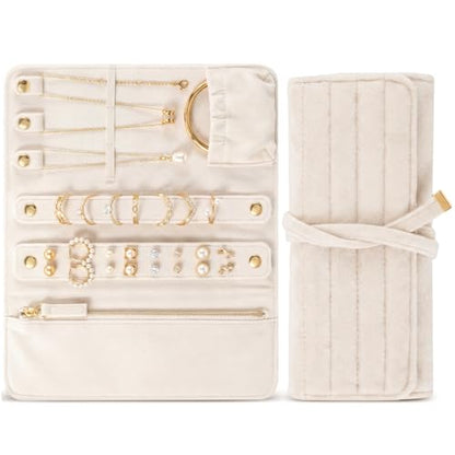 Tondiamo 1 Pcs Velvet Jewelry Roll Luxury Travel Jewelry Case for Ring Necklace Earring Bracelet Storage Bag Women Bridesmaid Gift (Cream White) - color: Cream White