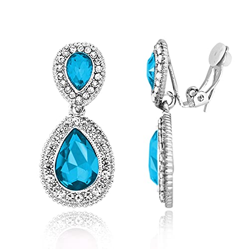 Spinningdaisy Clip On Earrings for Women | Non Pierced Earrings for Wedding - color: Tear Drop Aqua