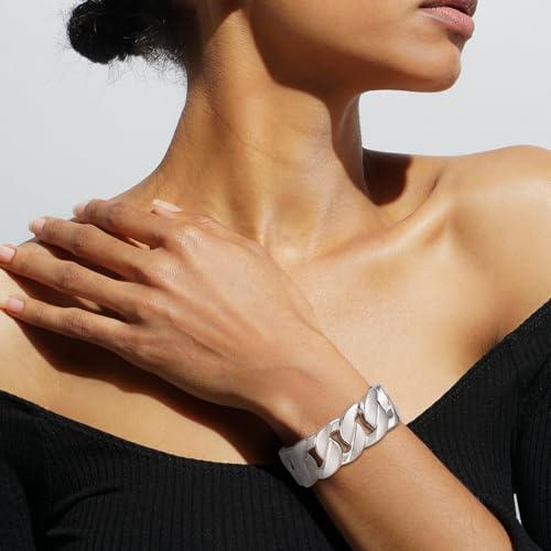 HZMAN Chunky Gold Cuff Bracelets for Women Thick Wide Bangle Bracelet Hammered Open Hinge Wrist Cuff Bracelet Jewelry Gift - color: 03.Cuban Silver