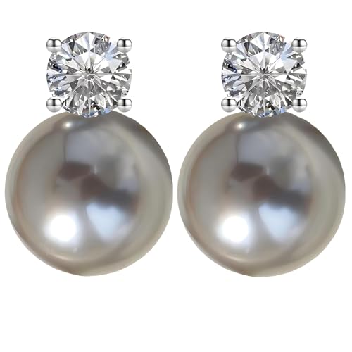 Faux Pearl Cubic Zirconia Stud Earrings, Hypoallergenic Lightweight Round Pearl Studs for Women - color: Platinum Grey, size: Pearl 12mm-CZ 6mm