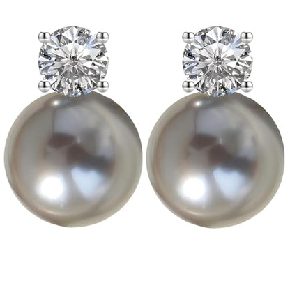 Faux Pearl Cubic Zirconia Stud Earrings, Hypoallergenic Lightweight Round Pearl Studs for Women - color: Platinum Grey, size: Pearl 12mm-CZ 6mm