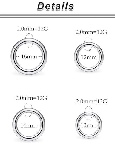 20G-2G Surgical Steel Hinged Clicker Septum Nose Rings Gauges Earrings Seamless Hoops Eyebrow Lip Ring Cliker Helix Tragus Daith Rook Earrings for Women Men - color: Silver, size: 12G(2mm)-10/12/14/16mm
