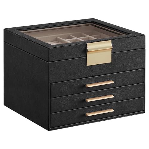 SONGMICS GISELLA Collection - Jewelry Box Organizer with Glass Lid, 4-Layer Jewelry Storage, with 3 Drawers, Modern Style, 8 x 9.1 x 6.5 Inches, Graphite Black and Gold Color UJBC173B01 - color: Ink Black + Gold, size: 4 Layer (8"d X 9.1"w)