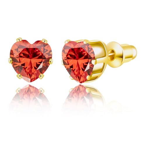 8mm Heart-Cut Birthstone Stud Earrings for Women – 18K Gold Plated Hypoallergenic Cubic Zirconia Earrings, Nickel Free, 12 Months Colors, Everyday Jewelry, Gift for Her, Bridal, Birthday, Christmas - color: 01 Jan Garnet