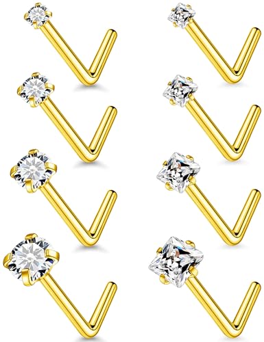 18G 20G 14K Gold Filled Nose Rings Studs Piercing Jewelry For Women Men 316L Surgical Steel Round Square Cubic Zirconia Nose Rings Studs Nostrial Piercing Jewelry CZ 1.5mm 2mm 2.5mm 3mm - color: 14K Gold Plated, size: 20 Gauge-L Shaped-Round and Square CZ