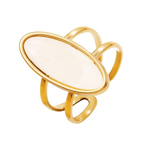 OIDIMS Fashion Geometric Oval Statement Ring for Women Gold-Tone Stainless Steel Dainty Faux Gemstone Adjustable Open Wedding Band Boho Trendy Comfirm Fit Wrap Finger Rings Cocktail Party Jewelry - color: White