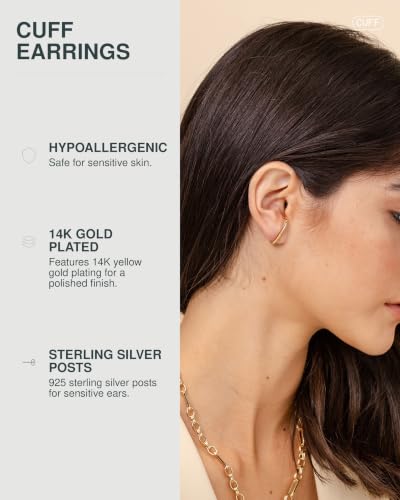 PAVOI 14K Gold Plated 925 Sterling Silver Post Minimalist Suspender Ear Cuff Earrings for Women | Wrap Earlobe Studs - style: Plain