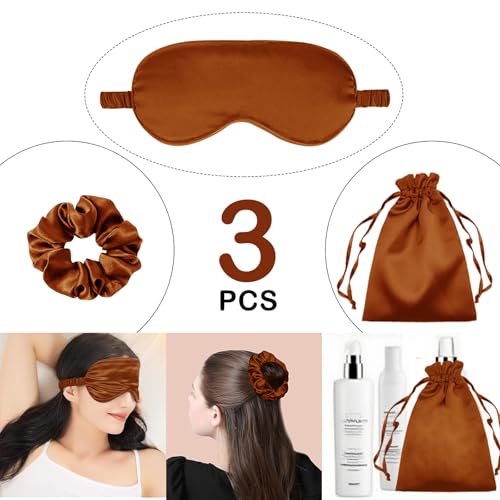3Pcs Satin Eye Mask Silk Sleep Masks Set Silky Blindfold Eyeshade Blackout Eyes Cover Pouches Bag Scrunchy Wedding Gift - color: Maple