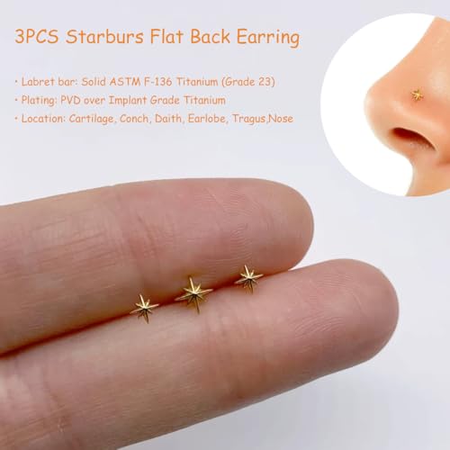 20G/18G/16G Titanium Flat Back Earrings, Threadless Nose Stud Tiny Stud Earrings, Cartilage Tragus Piercing Jewelry Conch Helix Stud - color: Starbust (gold 3pcs), size: 18ga(1.0mm)