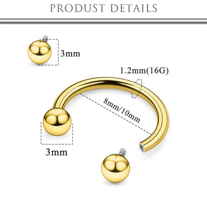 Hoeudjo Internally Threaded Septum Rings 16G Surgical Steel Horseshoe Septum Jewelry Lip Ring 8mm 10mm with Replacement Balls Ball Grabber Tool Smiley Piercing Jewelry for Women Men - color: goldtone