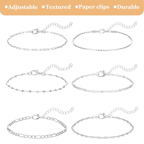 6Pcs Silver Ankle Bracelets 14k Cuban Link Chain Anklets Set | Layered Waterproof Adjustable Dainty Summer Beach Gold Accessories Boho Bracelet Jewelry for Women