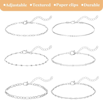 6Pcs Silver Ankle Bracelets 14k Cuban Link Chain Anklets Set | Layered Waterproof Adjustable Dainty Summer Beach Gold Accessories Boho Bracelet Jewelry for Women