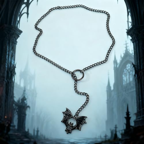 Slip Chain Necklace for Women Gothic Stainless Steel Bar Pendant Cuban Link Necklaces Adjustable Goth O Ring Long Necklaces Punk Rock Collar Choker Trendy Lariat Y Necklace - color: Black bat