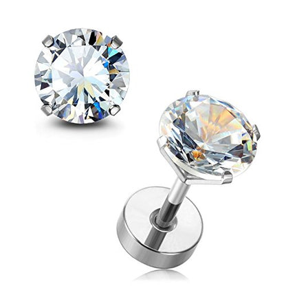 JewelrieShop Cartilage Tragus Earring Stainless Steel Stud Piercing Earring Flat Back Earrings Stud Flatback Screw Back Earrings for Women Men (16G, 6mm Bar Length, 3mm-7mm CZ, 5 Pairs) - color: 01. Steel with Clear White CZ